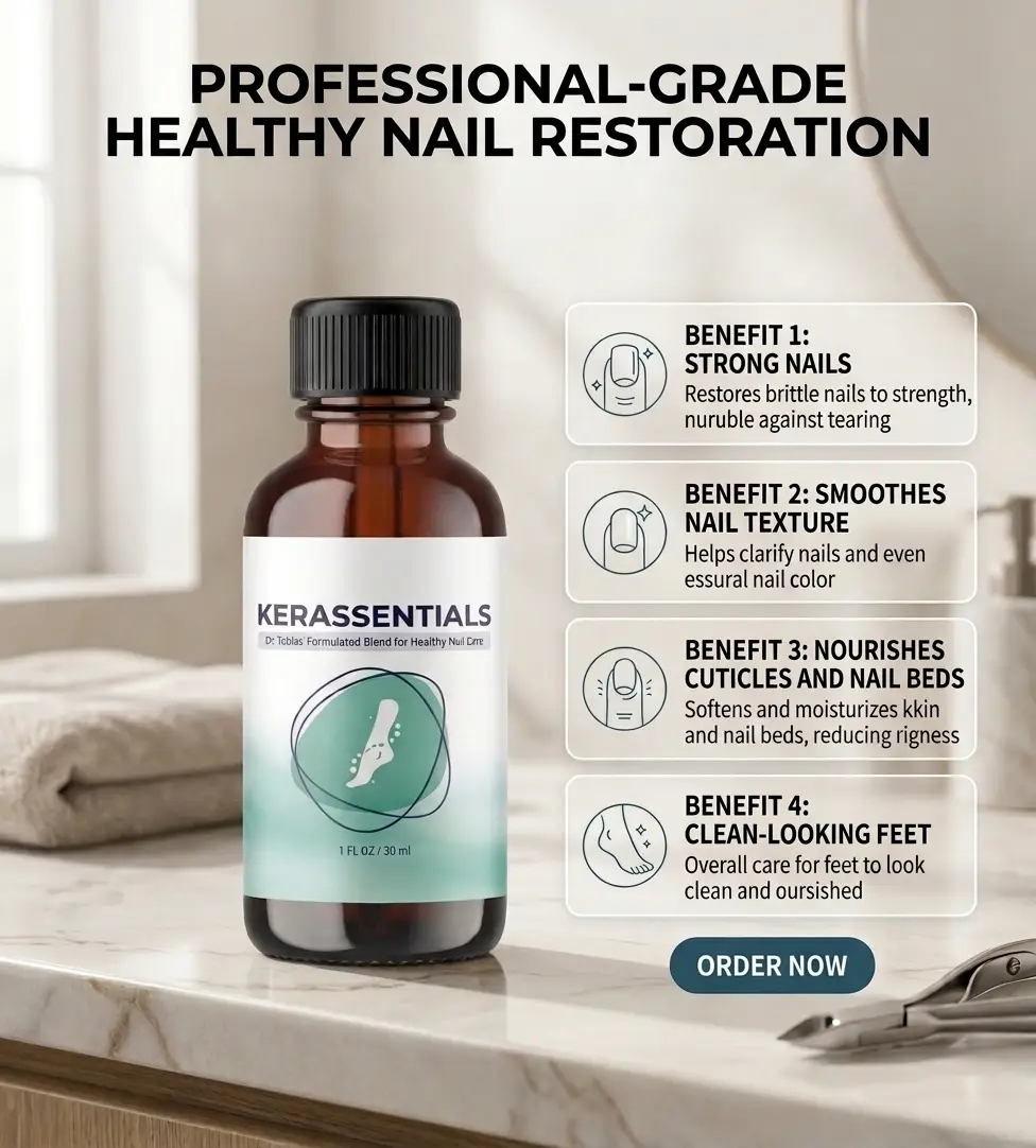 Kerassentials formula showing benefits of smooth, strong, healthy-looking feet and nails.